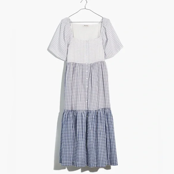 Madewell Patchwork Gingham Button-Front Tiered Midi Dress Size M - Picture 2 of 12